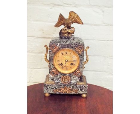 A French striking mantle clock in green marble in gilt mounted case with mounted eagle signed R Borel Moutiers      Width - 6