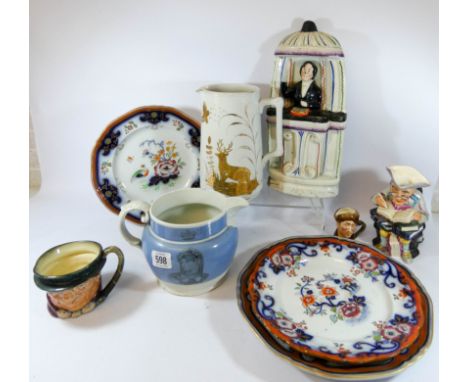 A collection of Victorian ceramics to include, Victorian flat back figurine of the Reverent Sturgeon, transfer printed jug Qu