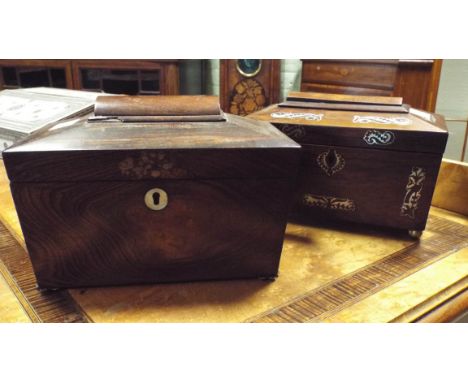 Regency rosewood mother of pearl inlaid tea caddy and a sarcophagus shaped rosewood tea caddy (no interiors) 