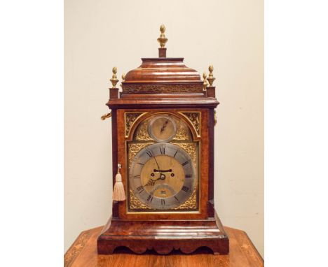 John Ellicott London circa 1750, a large bracket clock in figured walnut case with double fusee movement striking on bell, wi