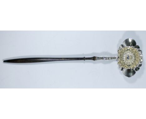 Antique toddy ladle with turned treen handle, 34 cms long