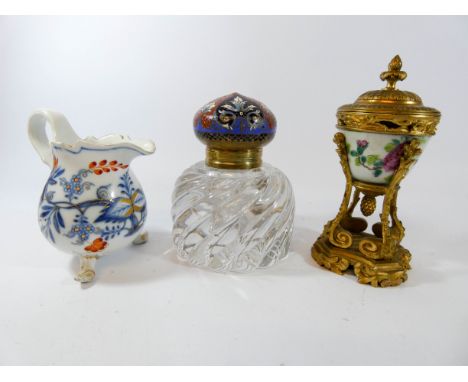 A Meissen cream jug resting on three scrolled feet, cloisonne enamelled and Wrythen  glass inkwell and a Famille rose Satsuma