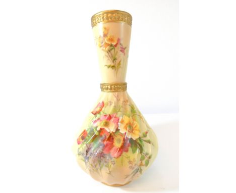 Royal Worcester blush ivory vase painted with Dog Roses and Forget-me-nots numbered on the base 1452, height 28cms      No ma