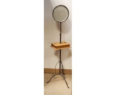 An adjustable shaving stand on metal base with centre light oak lift top box 