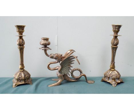 A pair of 9" decorative brass candlesticks and a brass dragon candlestick