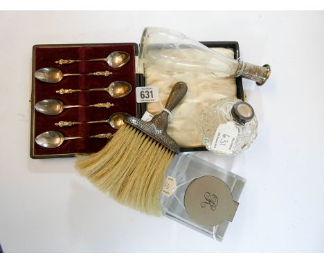 Set of six apostle ended teaspoons in fitted case, silver handled crumb sweep together with an inkwell and a scent bottle 