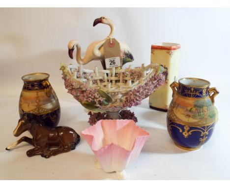 A Flamingo figurines, Noritake vases, Worcester vase, Beswick foal etc 