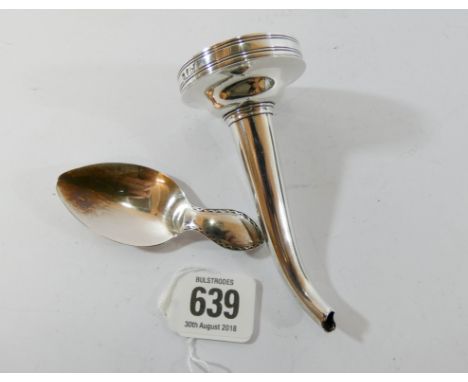 Silver caddy spoon and Georgian silver wine funnel base 