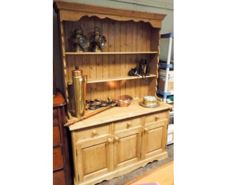 A Victorian style stripped and waxed pine Welsh style dresser with shelf back three drawers and cupboards under 53" wide  