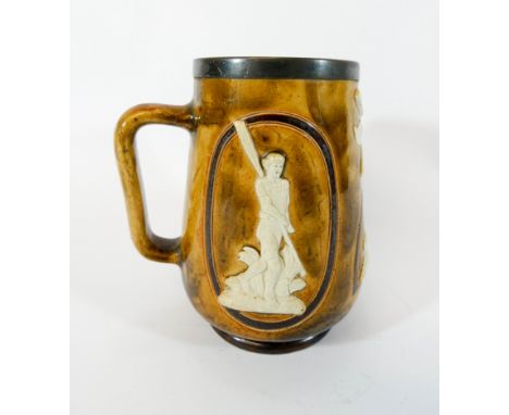 Royal Doulton Lambeth stoneware mug with applied decoration of rowing oars and rower's with hallmarked silver rim, Sheffield 