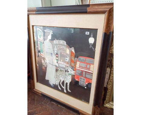 Phillipe Noyer coloured Lithograph - Lady with Leopard in Piccadilly circus signed by the artist in black and gilt frame  