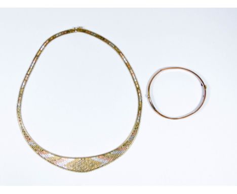 9ct tri colour gold necklace and vintage 9ct rose gold bangle, gross weight of two - 25 grams