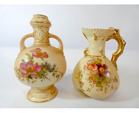 Two pieces of Royal Worcester blush ivory to include of twin handled vase painted with Dog Roses and a jug with coral style n