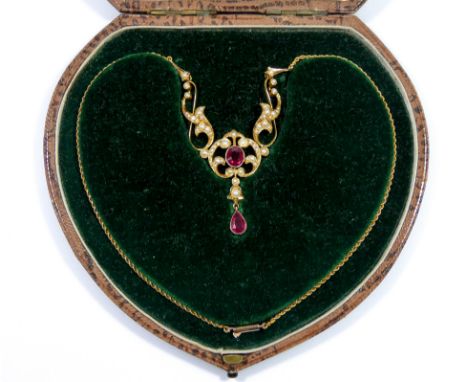 Victorian 15ct gold ruby and pearl necklace, with oval ruby to the centre and tear shaped ruby dropper beneath, with rope twi
