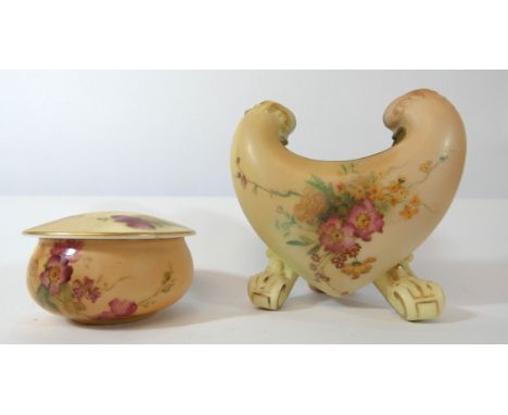 Royal Worcester blush ivory heart shaped posy pot standing on scrolled feet and a circular trinket box and cover       wear t