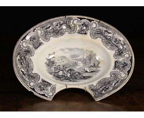 A 19th Century Bat Printed Shaving bowl (A/F) decorated with hunting scenes. 