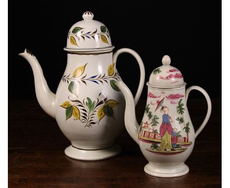 Two 18th Century Pearlware Coffee Pots & Covers: A large Yorkshire baluster pot decorated with sprays of foliage in brown, oc