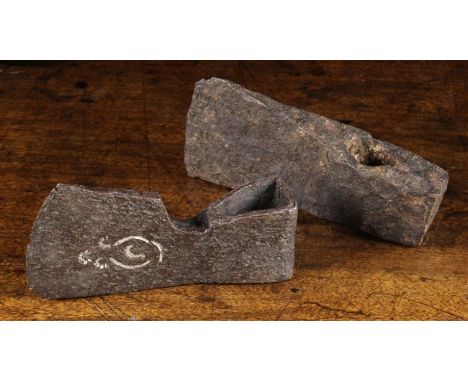 Two Early Axe Heads; one reputedly a 14th century woodman's axe found of the battlefield of Grunwald with stamped decoration,