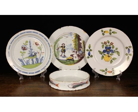 Four Pieces of 18th Century Polychromed Delftware: A shallow, circular dish with upright sides decorated with a band of fish,