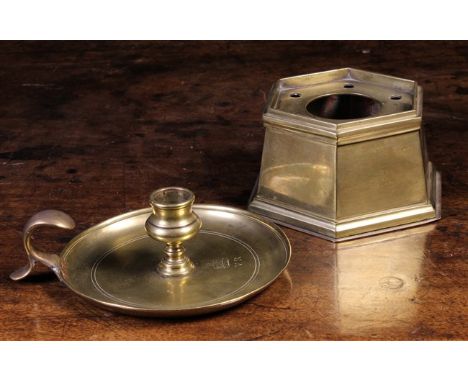 A Victorian Brass Chamber-stick and Inkwell. The chamber-stick engraved with Royal initials V.R. below a crown, 6 ins (15 cms