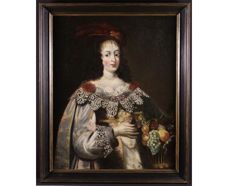 Spanish School. A 17th Century Oil on Canvas: Portrait of a young woman in elaborate attire with a lace trimmed dress & a plu