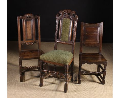 Three Chairs: A Late 17th/Early 18th Century Oak Back Stool; the pierced cresting rail carved with a tulip flanked by S-scrol