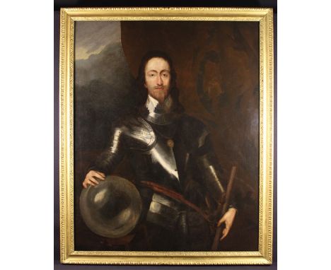 After Anthony van Dyck. A Large Oil on Canvas, probably 18th century; portrait of Charles I stood against a stormy sky and cu