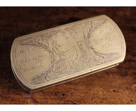 A Late 18th Century Dutch Brass Tobacco Box of rectangular form with rounded ends, engraved with an inscription on one side w