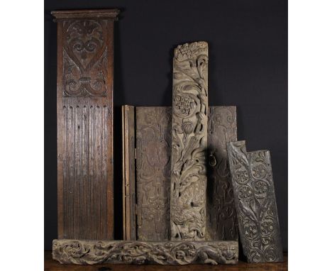 Collection of Five Carved Wooden Fragments: Two rails carved in relief with renaissance scrolls of undulating foliage issuing