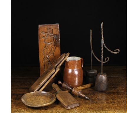 A Collection of Kitchenallea and Miscellaneous: Two wrought iron rush nips with wooden bases 16½ ins (42 cms) and 14¼ ins (36