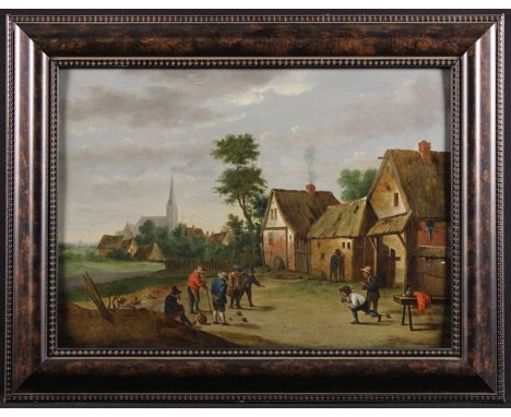 An 18th Century Oil on Panel in the style of David Teniers depicting a Rural Village scene with a gathering of men playing bo