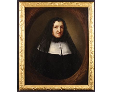 Attributed to Mary Beale (1633-1699). Oil on Canvas: Portrait of a Lady wearing widow's weeds, within an elaborate feigned ov