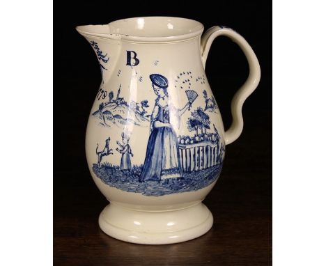 A Delightful 18th Century Yorkshire Creamware Jug initialled WB and dated 1778. The baluster body depicting a house, sailing 