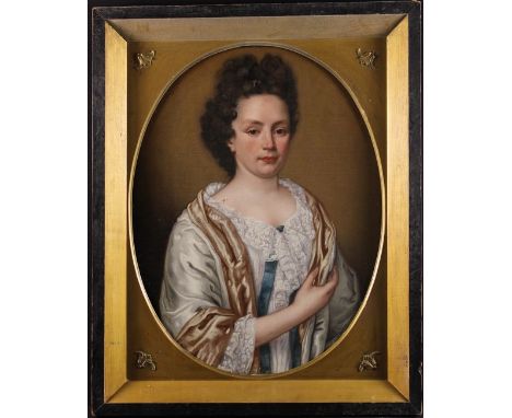 An Early 18th Century Oil on Canvas: Half length Portrait of a Lady dressed in a satin gown and lace trimmed blouse (re-lined