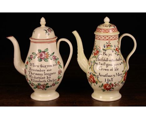 Two Charming 18th Century English Creamware Coffee Pots & Covers, probably Leeds Pottery. One inscribed in black; 'Be Ye fait