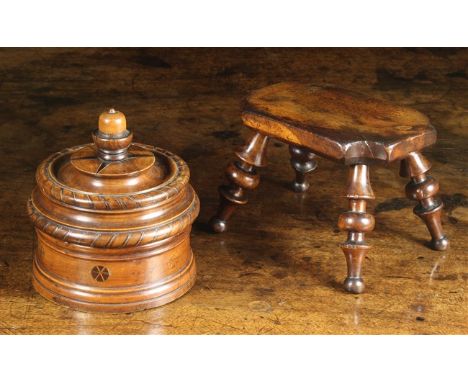 A Yew-wood Lace Maker's Lamp Stool and A Treen Tobacco Pot. The small low stool having a rectangular top with re-entrant corn