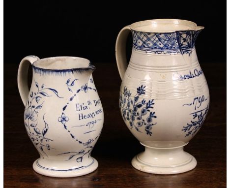 Two 18th Century Blue & White Baluster Jugs: One with a trellis border above inscription; 'Sarah Clews 1790', sprays of flowe