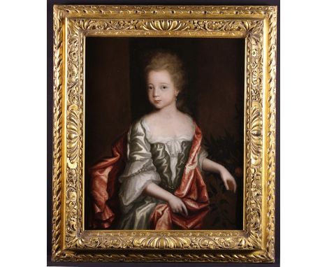 Randell Wilcocke, Circa 1680. A 17th Century OiI on Canvas; Three-quarter length portrait of a young aristocratic girl dresse