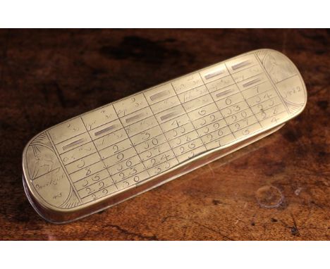 A Late 18th Century Dutch Brass & Copper-sided Tobacco Box of Long D-ended form, reputed to be a Gypsy's Fortune Telling Box,