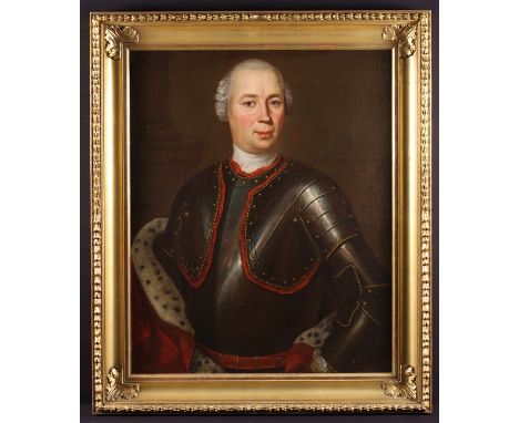 A Fine 18th Century Oil on Canvas laid onto panel: Half Length Portrait of George I dressed in armour with an ermine lined cl