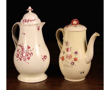 Two 18th Century Leeds Creamware Coffee Pots and Covers: One with a short spout, baluster body, reeded twin strap handle with