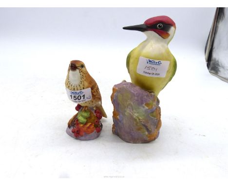 Two Royal Worcester birds in matt finish; one Woodpecker 7 1/4" tall, the other a Thrush No. 3234 5" tall.