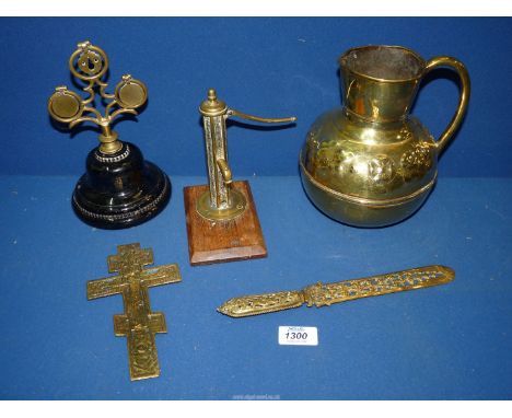 A quantity of Brassware to include a Horse harness swinger terret on stand marked Harris & Sheldon Ltd. Birmingham, brass Art
