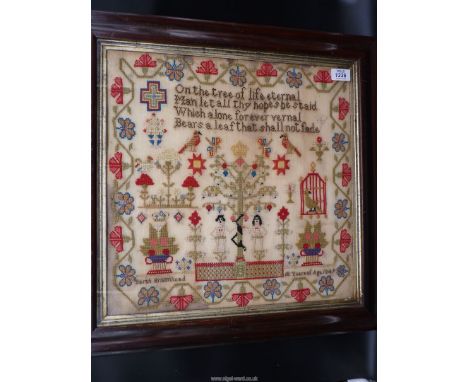 A Rosewood framed sampler in vibrant colours by Sarah Broomhead, aged 10, 1849, with verse 'On the tree of life eternal man l