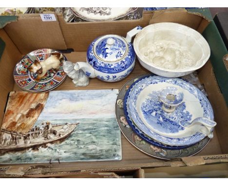 A quantity of china to include; Royal Worcester 'Long Haired Cat', ceramic jelly mould, early blue & white chamberstick, Roya