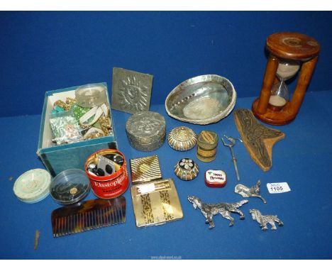 A quantity of miscellanea including beads, abalone shell, white metal figures of dogs and donkey, small Huntley & Palmers 'Fa