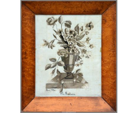 A small burr Maple framed and glazed sampler by Maria Wilson, circa 1800: very fine sewing of a vase, plinth and bouquet of s