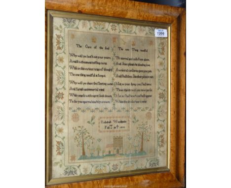 A burr Maple framed and glazed fine silk sampler by Rebekah Woodgate, February 20th, 1810, with a fine floral border surround