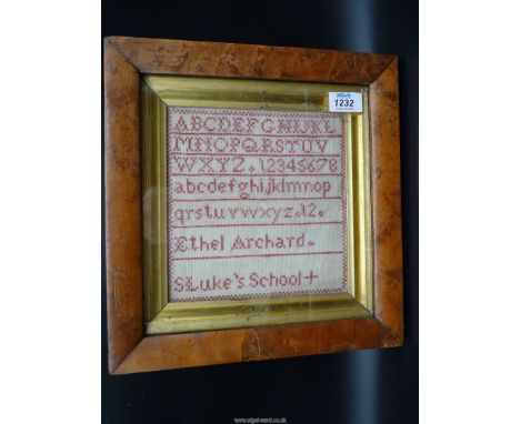 A rare small, burr Maple framed alphabet sampler by Ethel Archard, aged 12, St. Lukes School (Catholic, London), verso Ethel 