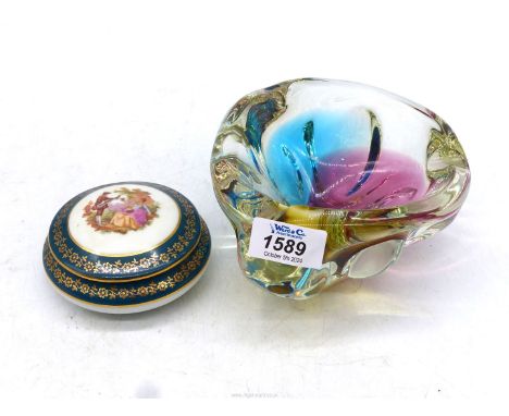 A heavy clear glass bowl with blue, pink and yellow lobes, together with a Limoges trinket pot.